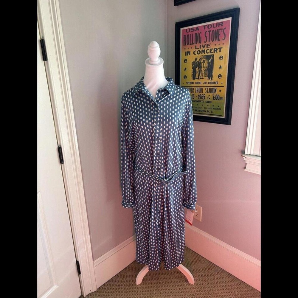 Women's 70s Vintage‎ Serbin  By Muriel Ryan Blue Polka Dot Belted Dress Sz L NWT